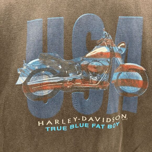 Harley Davidson Mens 2XL Shirt Black True Blue Fat Boy USA Biker Motorcycle VTG - Picture 1 of 8